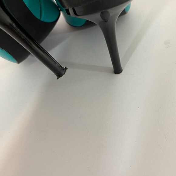 L.A.M.B. Bambi Pumps Teal Black Leather Heels 6.5 Ankle Strap - Picture 6 of 11